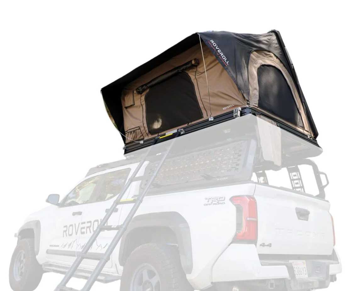 ALUMINUM SIDE OPENING ROOF TOP TENT - 53" - TAUPE BODY & BLACK RAINFLY - AS001